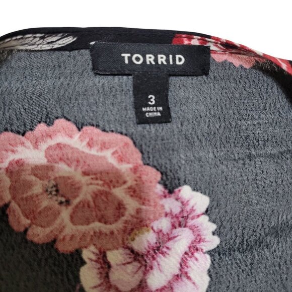 Torrid Floral Fringe Trim‎ Kimono Womens Size 3 Black Pink Rayon Boho Bloomcore - Picture 5 of 8